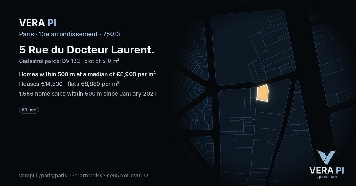 5 Rue du Docteur Laurent, 13e arrondissement at night – the plot lit, the parcels around coloured by the prices near them