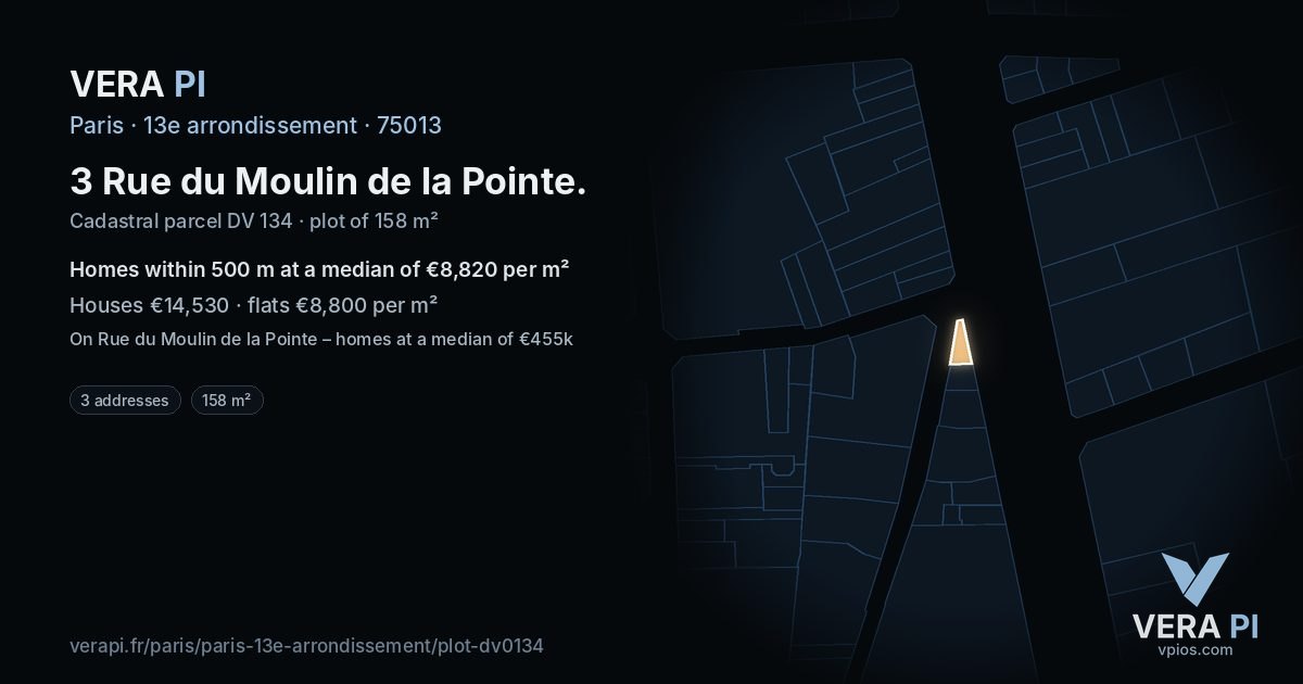 3 Rue du Moulin de la Pointe, 13e arrondissement at night – the plot lit, the parcels around coloured by the prices near them