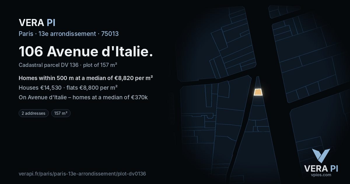 106 Avenue d'Italie, 13e arrondissement at night – the plot lit, the parcels around coloured by the prices near them