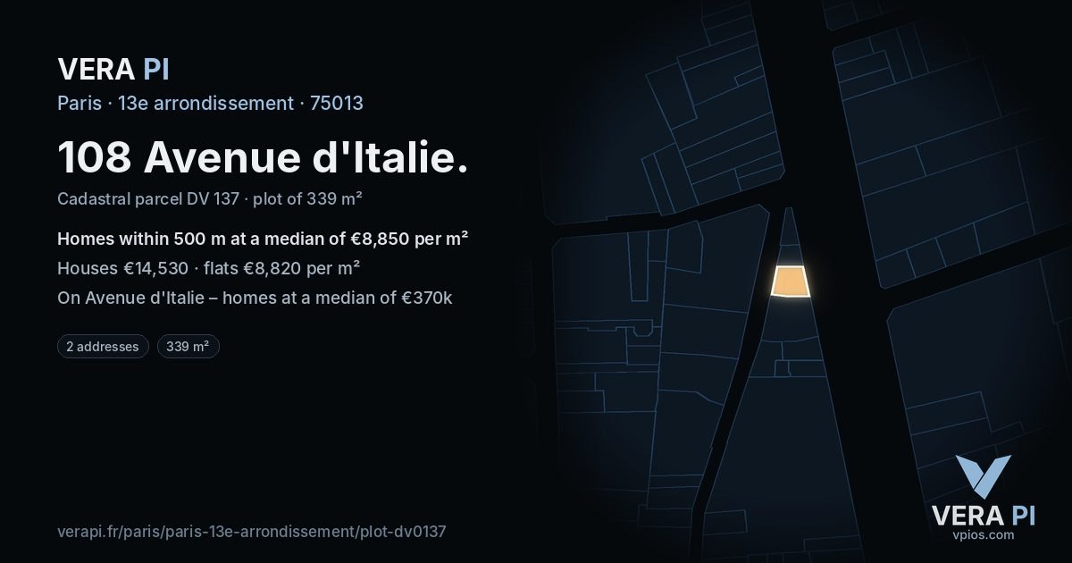 108 Avenue d'Italie, 13e arrondissement at night – the plot lit, the parcels around coloured by the prices near them