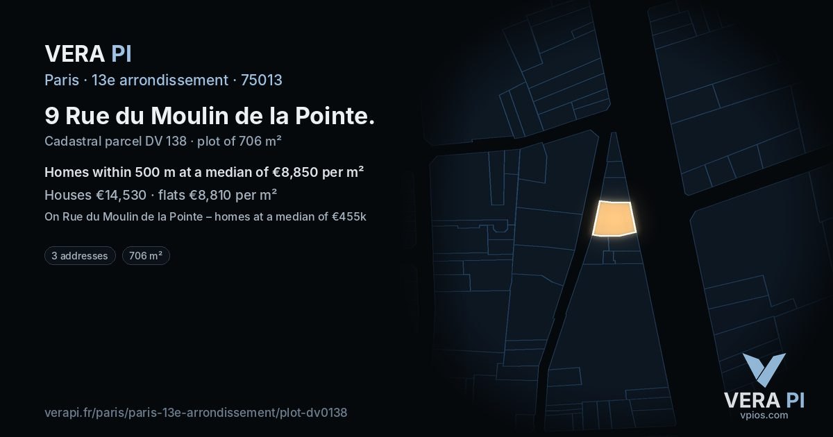 9 Rue du Moulin de la Pointe, 13e arrondissement at night – the plot lit, the parcels around coloured by the prices near them