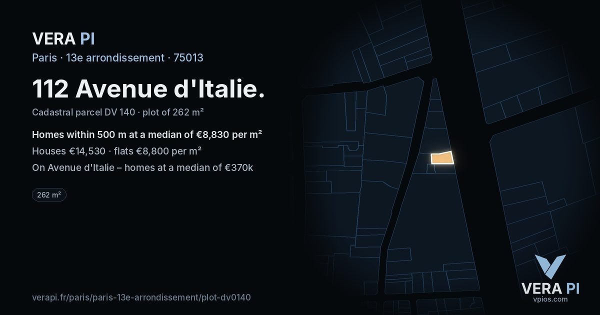 112 Avenue d'Italie, 13e arrondissement at night – the plot lit, the parcels around coloured by the prices near them