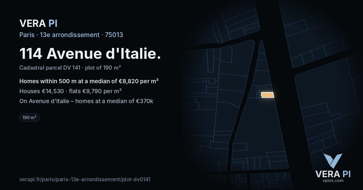 114 Avenue d'Italie, 13e arrondissement at night – the plot lit, the parcels around coloured by the prices near them