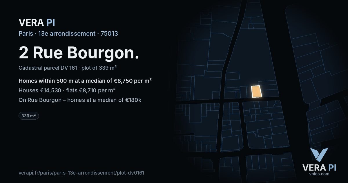 2 Rue Bourgon, 13e arrondissement at night – the plot lit, the parcels around coloured by the prices near them
