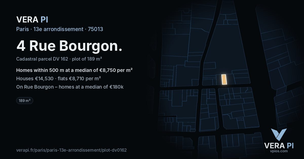 4 Rue Bourgon, 13e arrondissement at night – the plot lit, the parcels around coloured by the prices near them