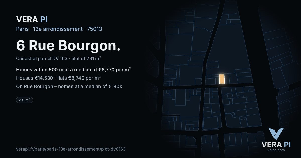 6 Rue Bourgon, 13e arrondissement at night – the plot lit, the parcels around coloured by the prices near them