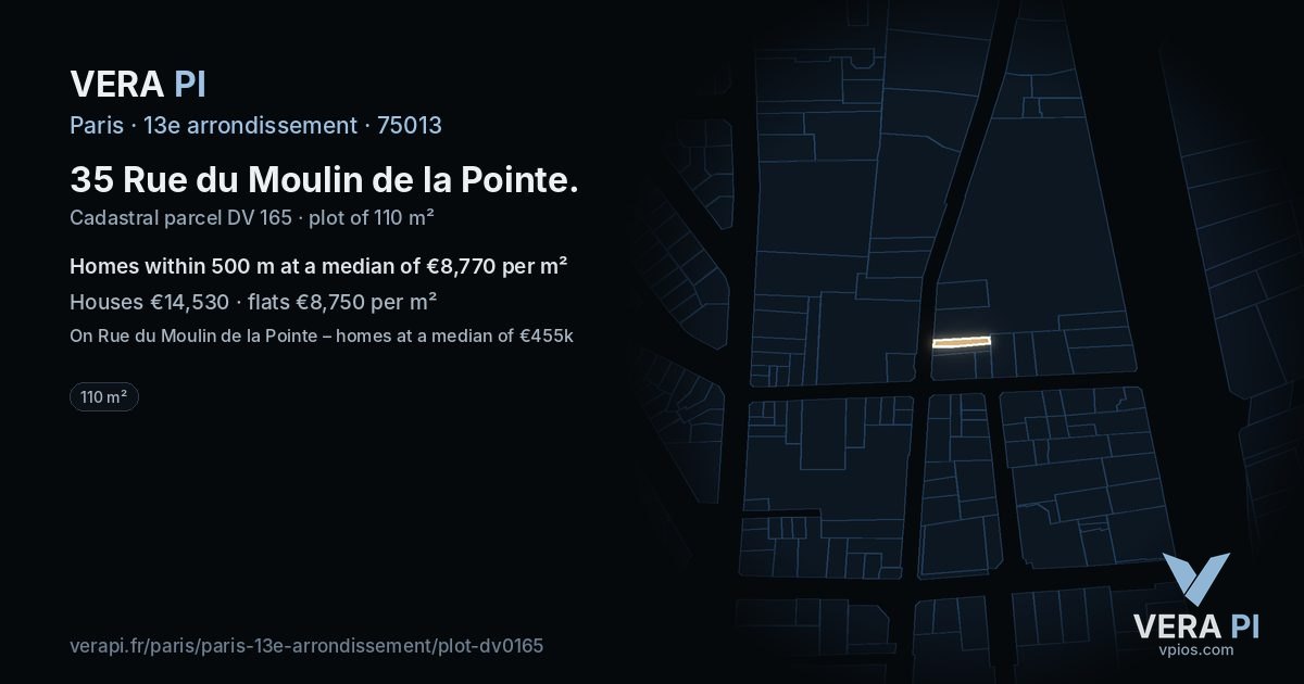 35 Rue du Moulin de la Pointe, 13e arrondissement at night – the plot lit, the parcels around coloured by the prices near them