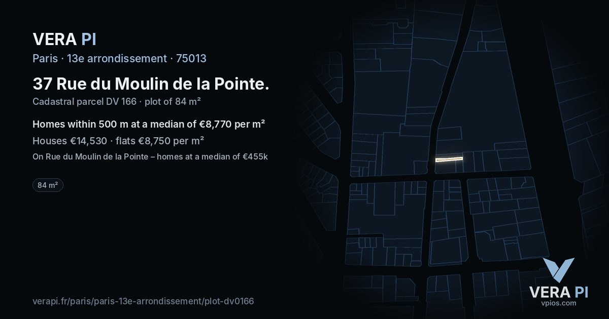37 Rue du Moulin de la Pointe, 13e arrondissement at night – the plot lit, the parcels around coloured by the prices near them