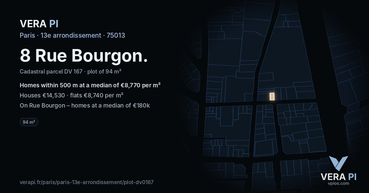 8 Rue Bourgon, 13e arrondissement at night – the plot lit, the parcels around coloured by the prices near them