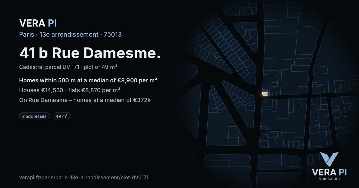 41 b Rue Damesme, 13e arrondissement at night – the plot lit, the parcels around coloured by the prices near them