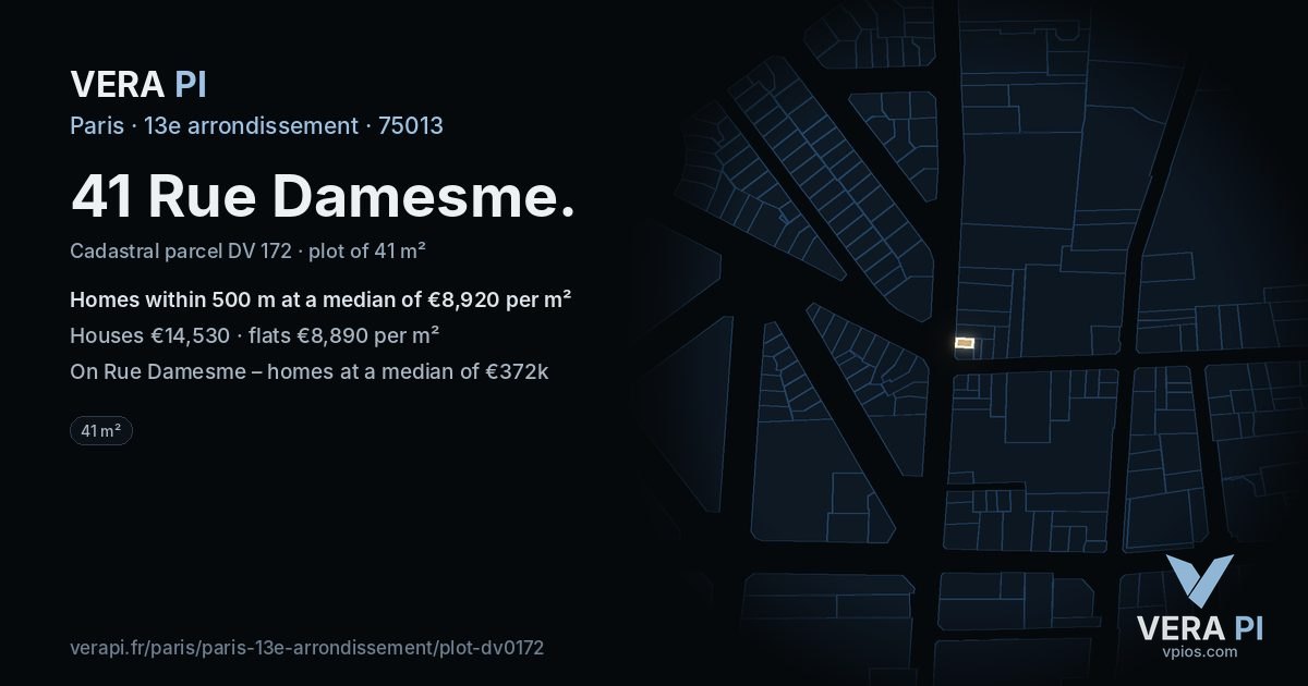 41 Rue Damesme, 13e arrondissement at night – the plot lit, the parcels around coloured by the prices near them