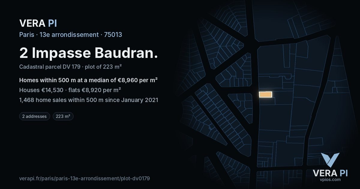 2 Impasse Baudran, 13e arrondissement at night – the plot lit, the parcels around coloured by the prices near them