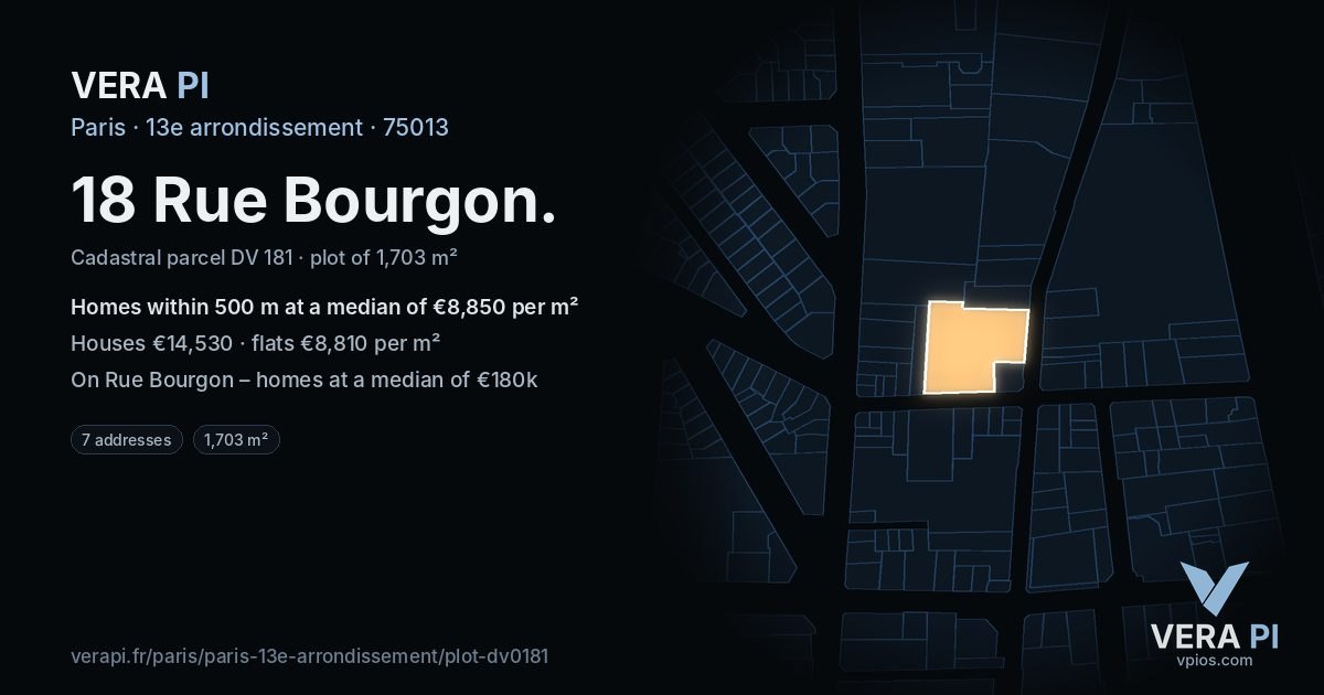 18 Rue Bourgon, 13e arrondissement at night – the plot lit, the parcels around coloured by the prices near them