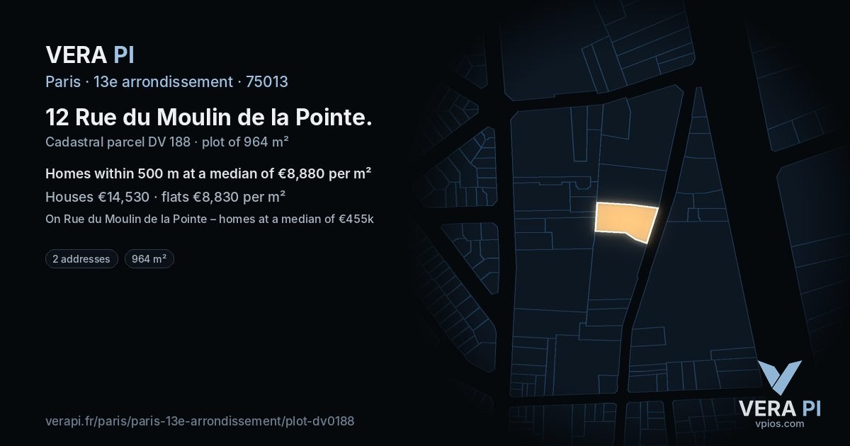 12 Rue du Moulin de la Pointe, 13e arrondissement at night – the plot lit, the parcels around coloured by the prices near them