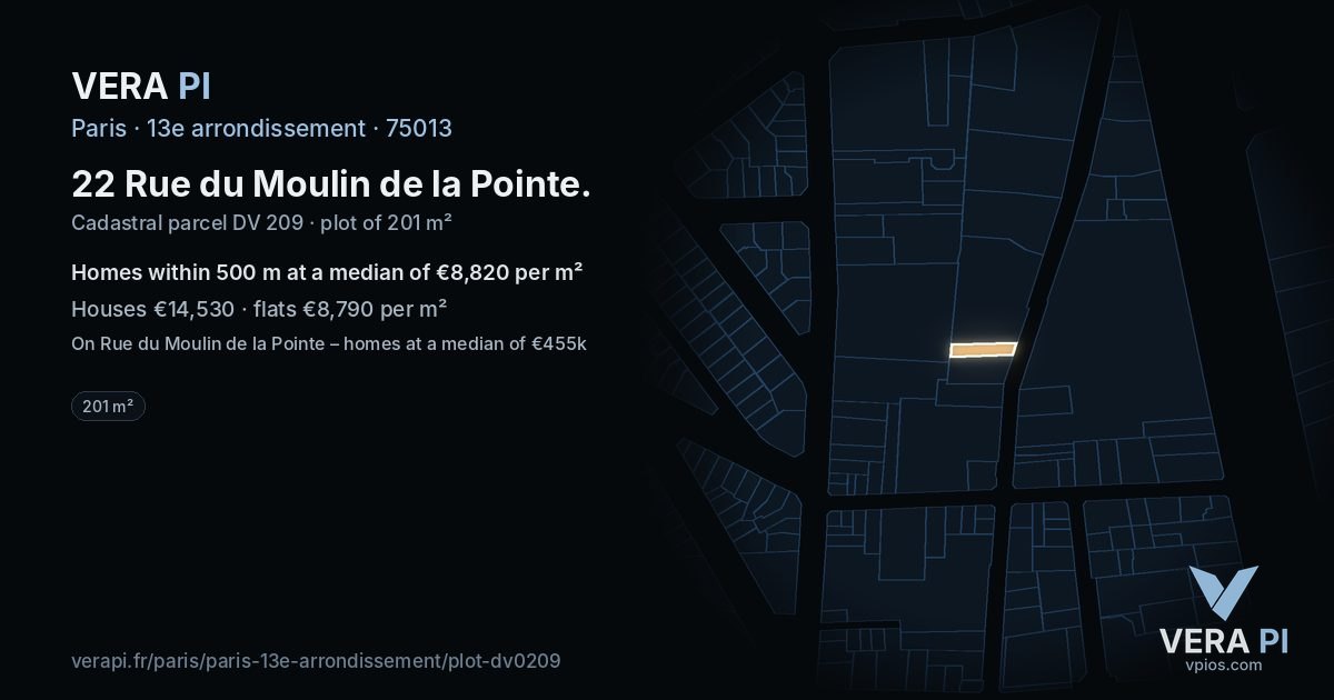 22 Rue du Moulin de la Pointe, 13e arrondissement at night – the plot lit, the parcels around coloured by the prices near them