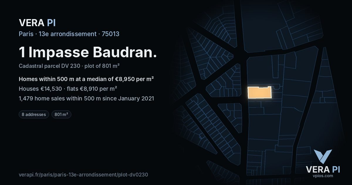 1 Impasse Baudran, 13e arrondissement at night – the plot lit, the parcels around coloured by the prices near them