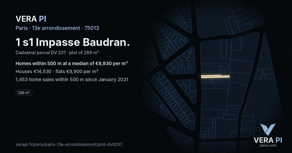 1 s1 Impasse Baudran, 13e arrondissement at night – the plot lit, the parcels around coloured by the prices near them
