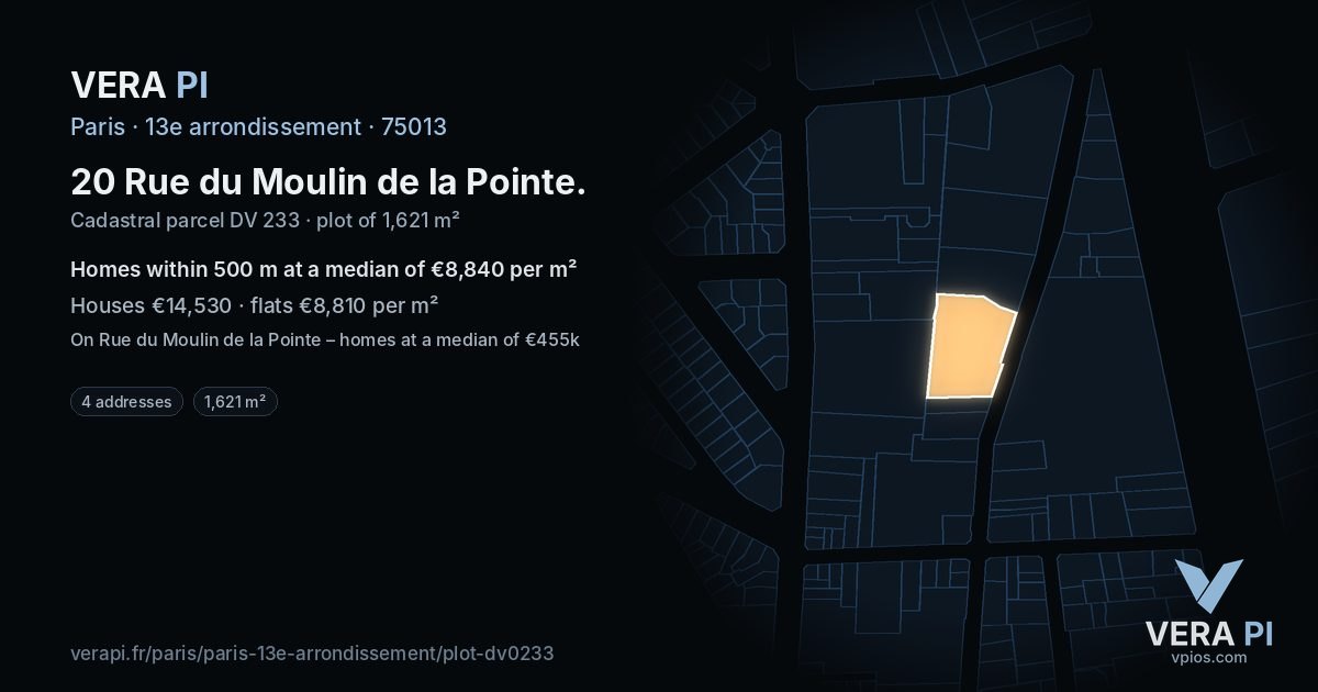 20 Rue du Moulin de la Pointe, 13e arrondissement at night – the plot lit, the parcels around coloured by the prices near them