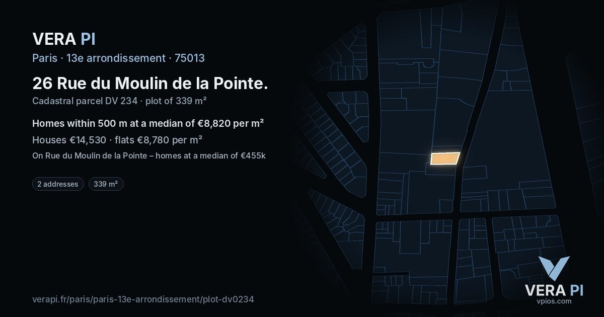 26 Rue du Moulin de la Pointe, 13e arrondissement at night – the plot lit, the parcels around coloured by the prices near them
