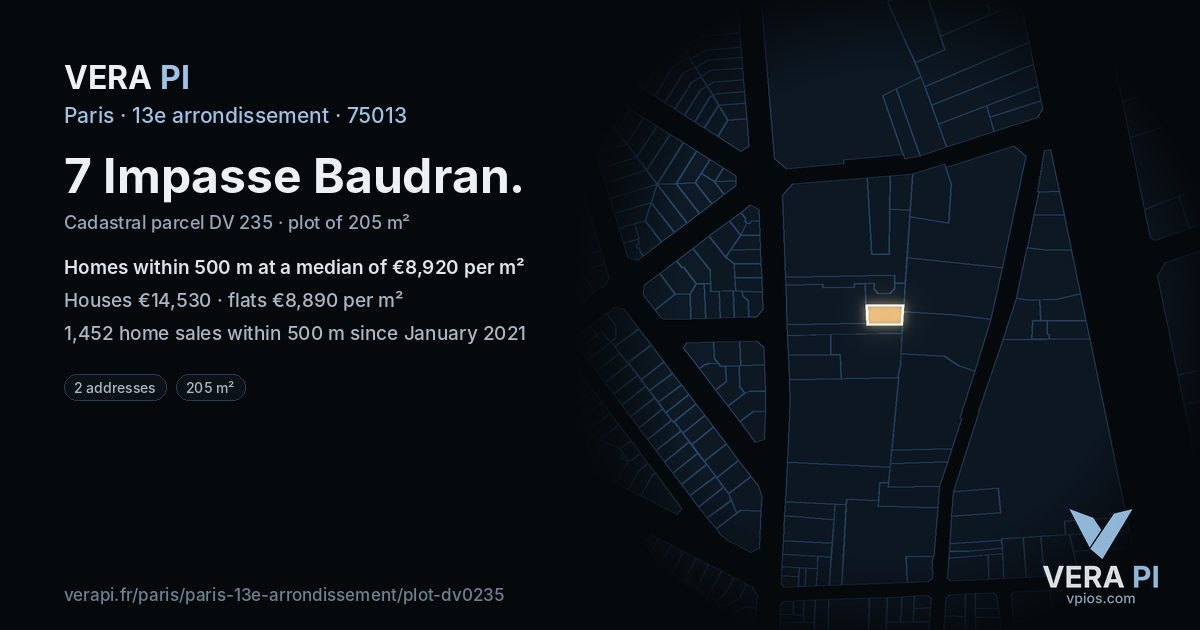 7 Impasse Baudran, 13e arrondissement at night – the plot lit, the parcels around coloured by the prices near them