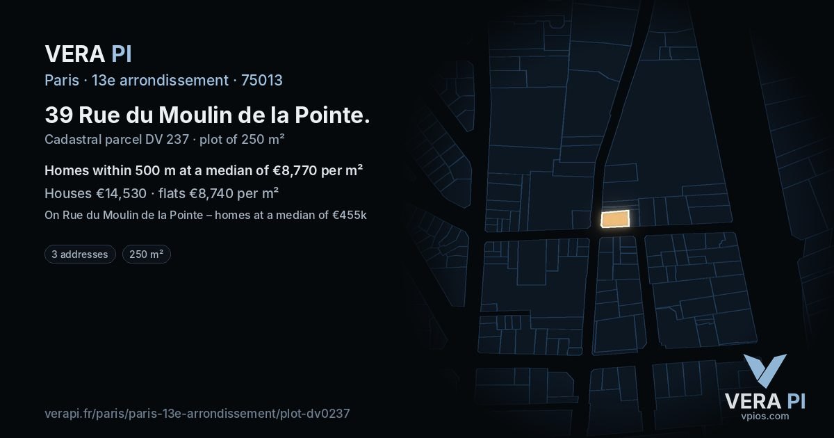 39 Rue du Moulin de la Pointe, 13e arrondissement at night – the plot lit, the parcels around coloured by the prices near them