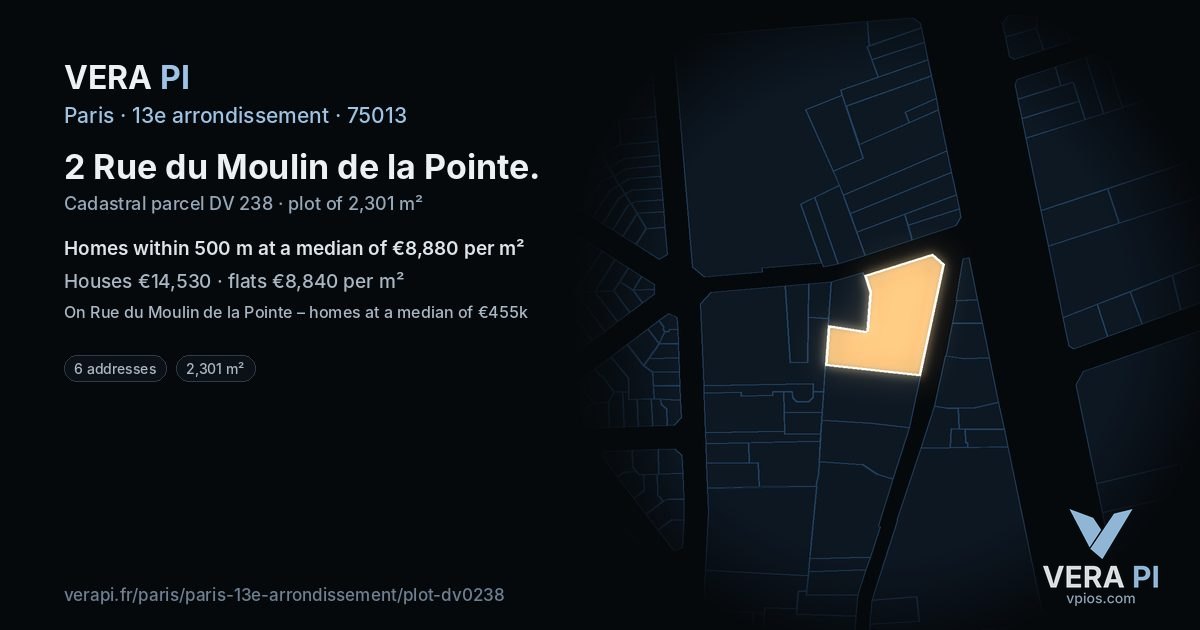 2 Rue du Moulin de la Pointe, 13e arrondissement at night – the plot lit, the parcels around coloured by the prices near them