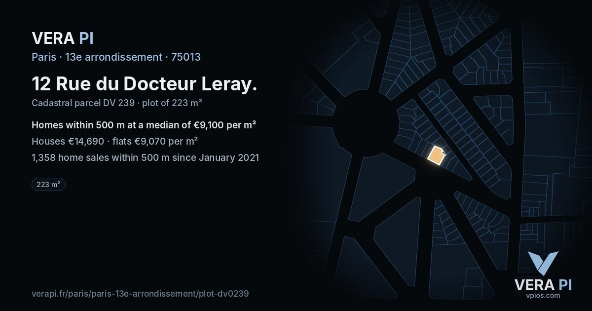 12 Rue du Docteur Leray, 13e arrondissement at night – the plot lit, the parcels around coloured by the prices near them