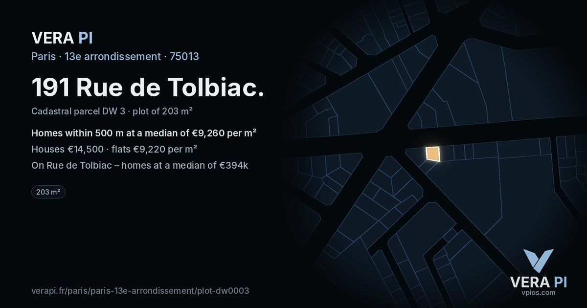 191 Rue de Tolbiac, 13e arrondissement at night – the plot lit, the parcels around coloured by the prices near them
