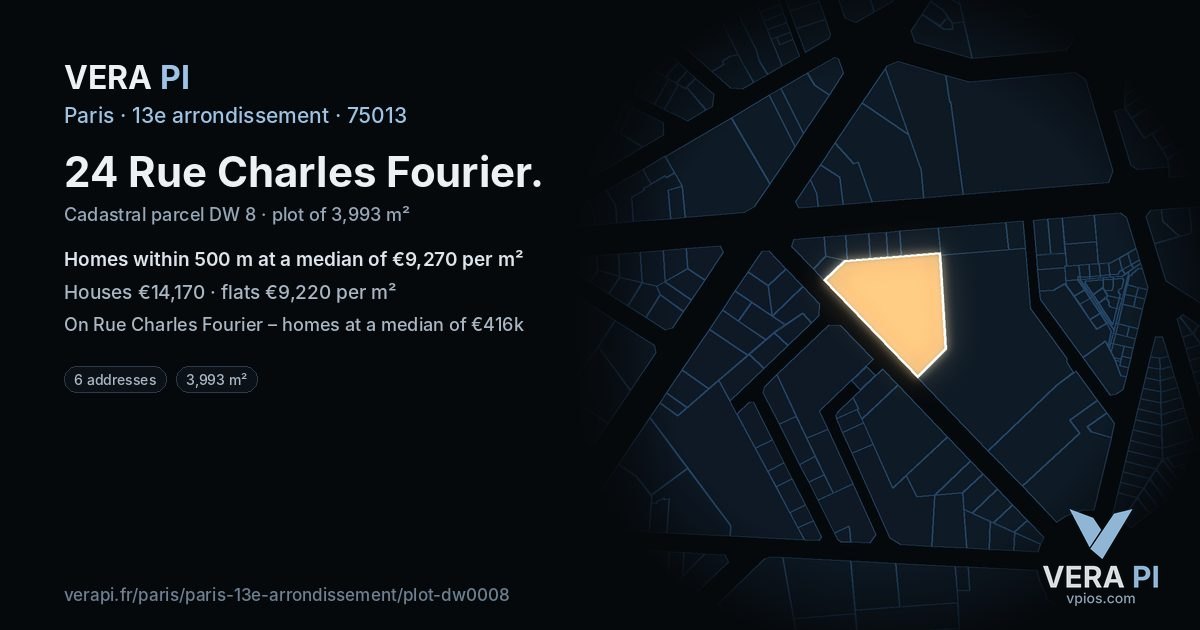 24 Rue Charles Fourier, 13e arrondissement at night – the plot lit, the parcels around coloured by the prices near them