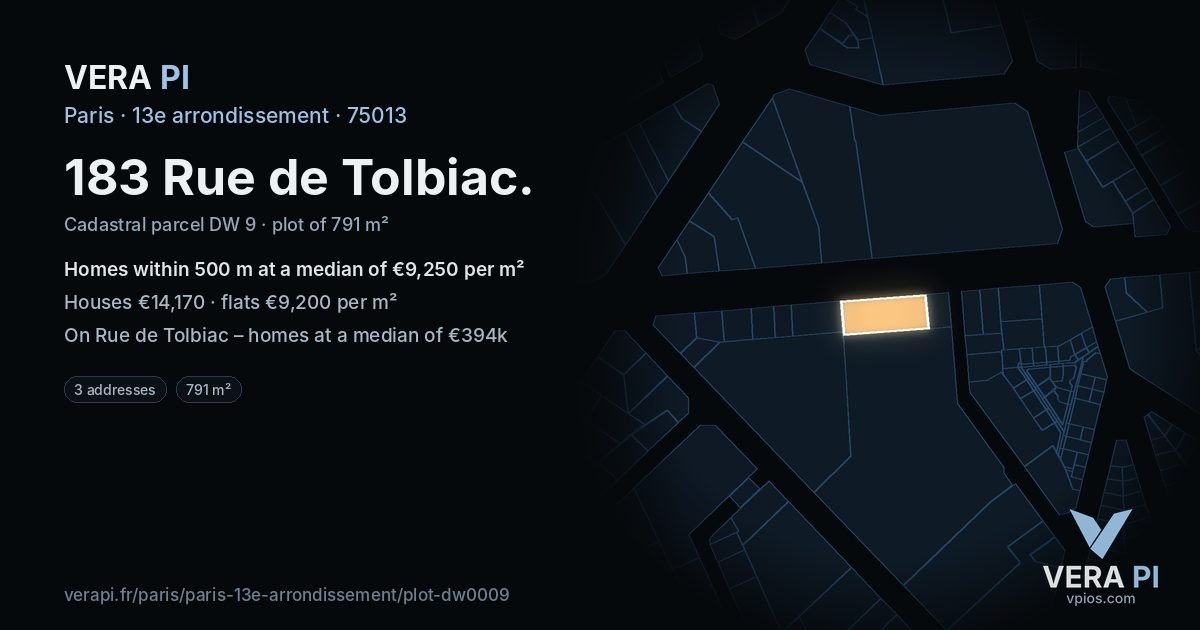 183 Rue de Tolbiac, 13e arrondissement at night – the plot lit, the parcels around coloured by the prices near them