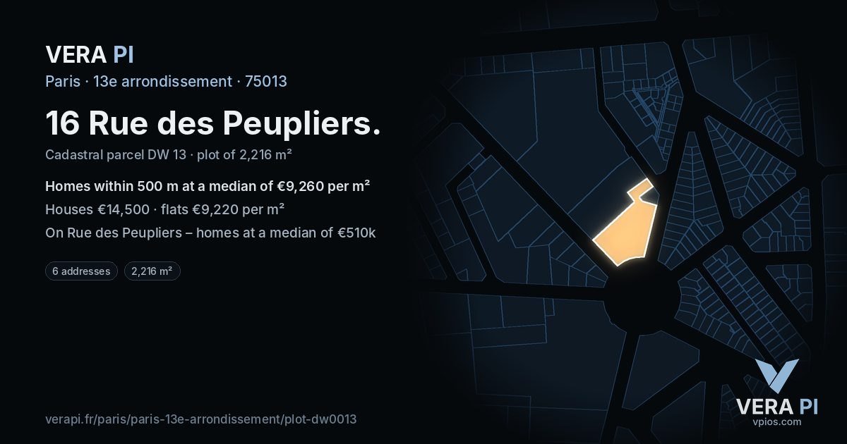 16 Rue des Peupliers, 13e arrondissement at night – the plot lit, the parcels around coloured by the prices near them