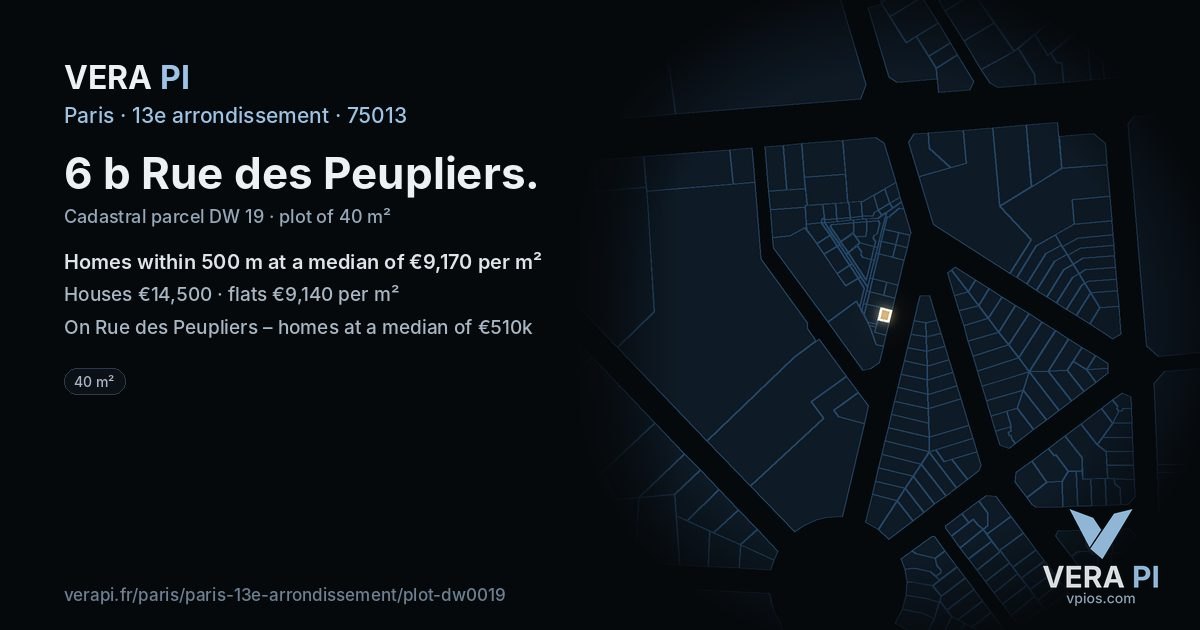 6 b Rue des Peupliers, 13e arrondissement at night – the plot lit, the parcels around coloured by the prices near them