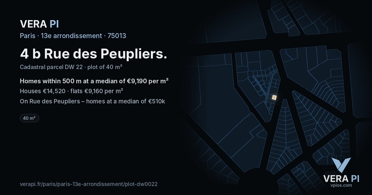 4 b Rue des Peupliers, 13e arrondissement at night – the plot lit, the parcels around coloured by the prices near them