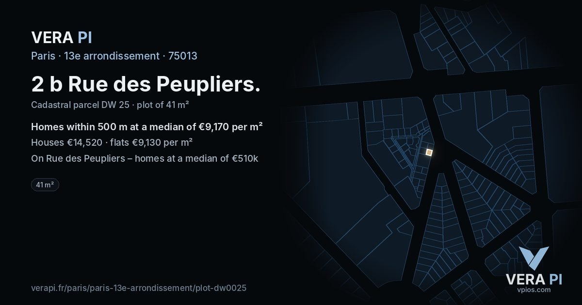 2 b Rue des Peupliers, 13e arrondissement at night – the plot lit, the parcels around coloured by the prices near them