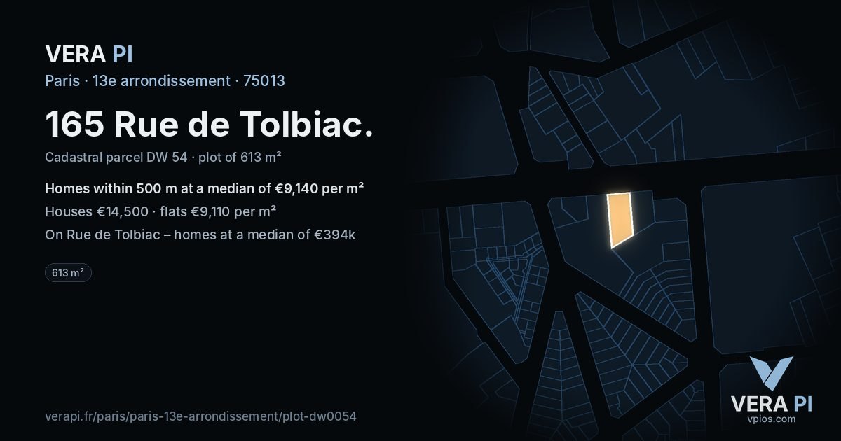 165 Rue de Tolbiac, 13e arrondissement at night – the plot lit, the parcels around coloured by the prices near them