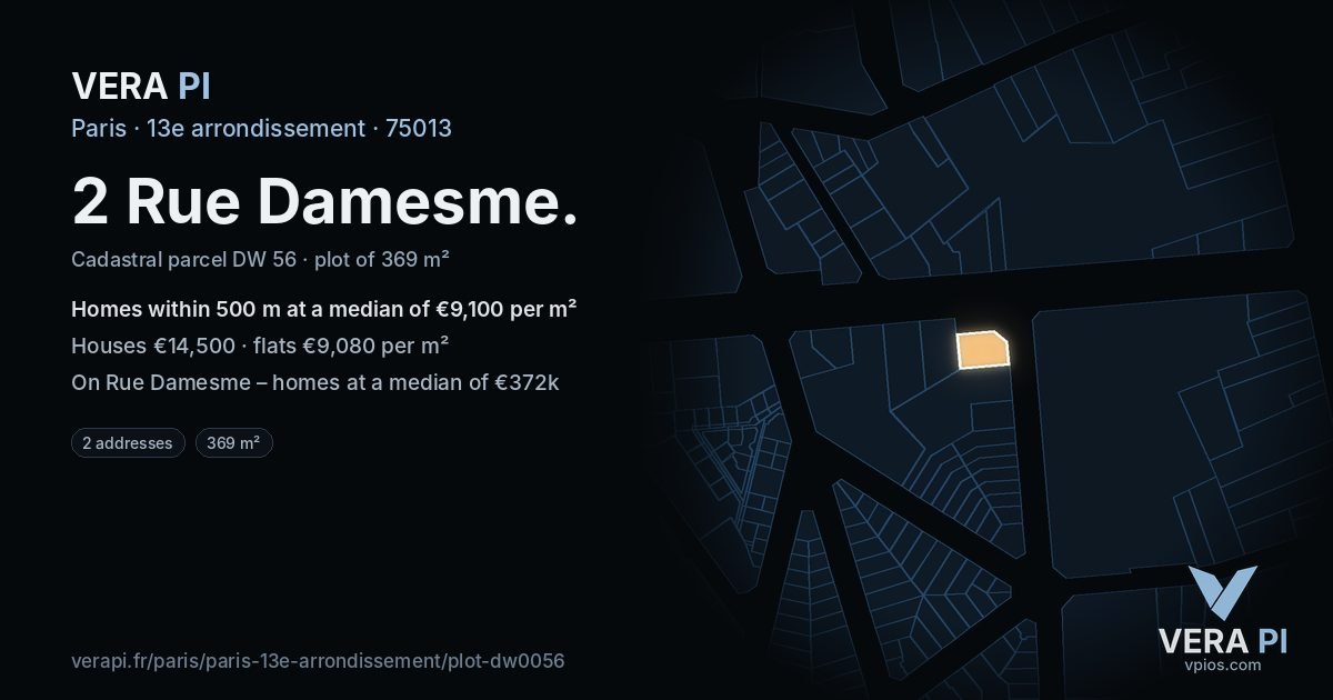 2 Rue Damesme, 13e arrondissement at night – the plot lit, the parcels around coloured by the prices near them