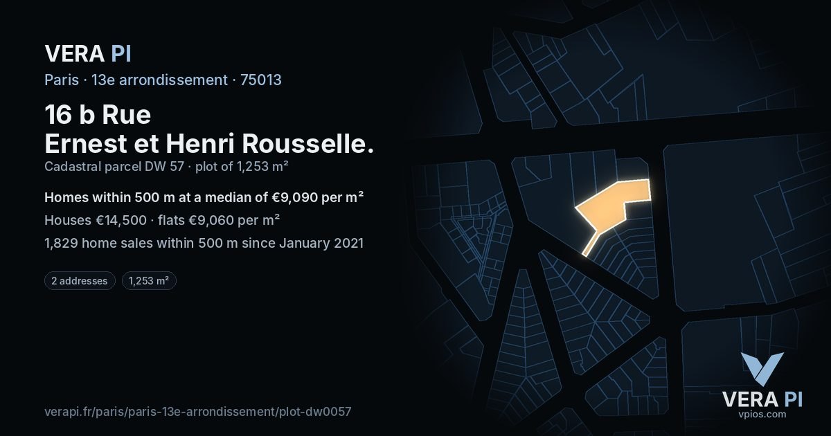 16 b Rue Ernest et Henri Rousselle, 13e arrondissement at night – the plot lit, the parcels around coloured by the prices near them