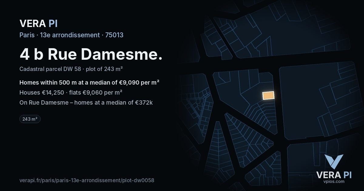 4 b Rue Damesme, 13e arrondissement at night – the plot lit, the parcels around coloured by the prices near them