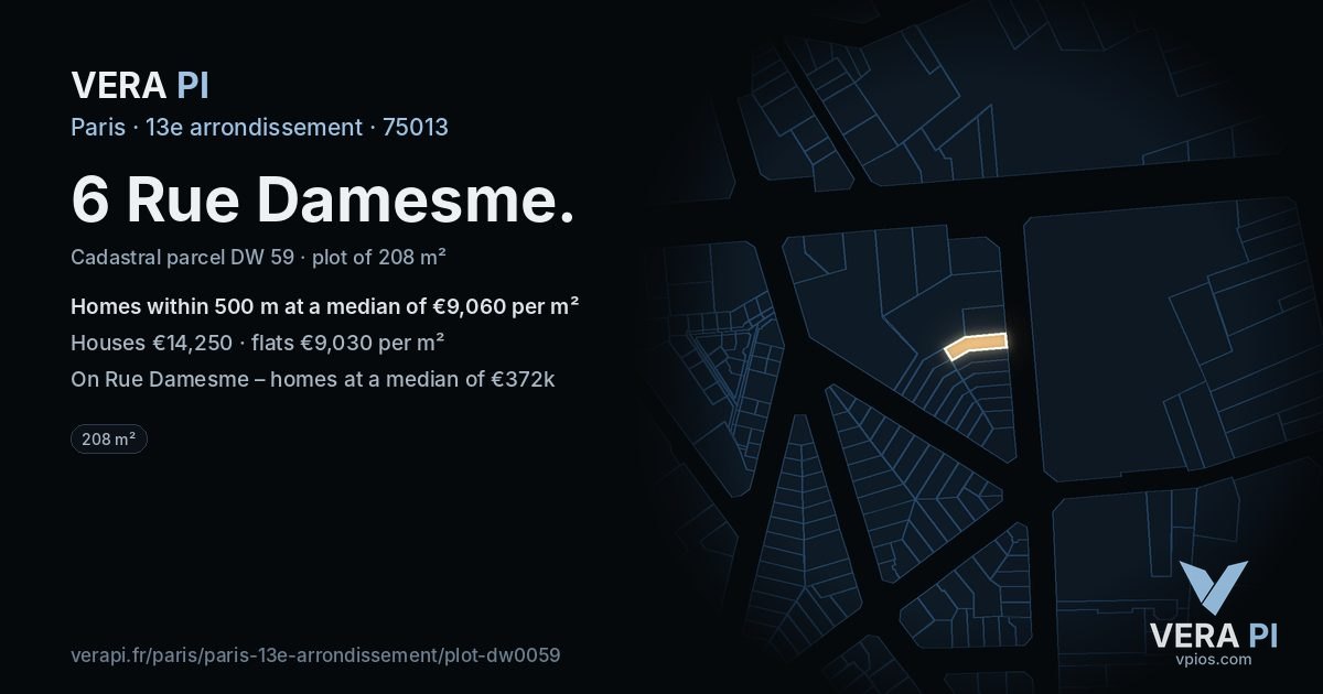6 Rue Damesme, 13e arrondissement at night – the plot lit, the parcels around coloured by the prices near them