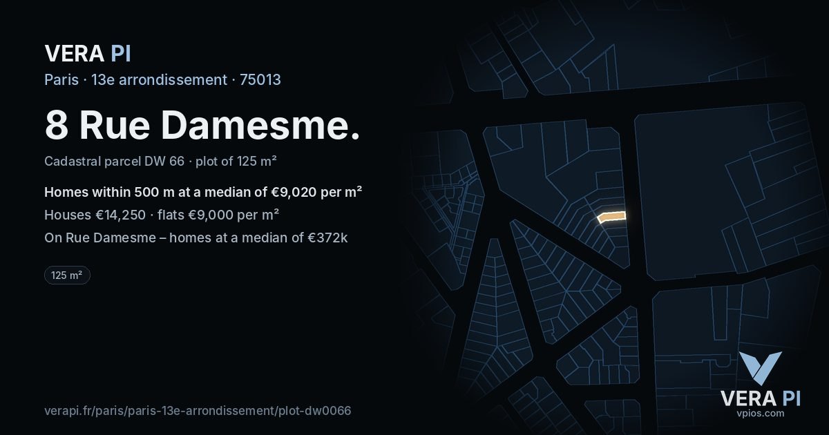 8 Rue Damesme, 13e arrondissement at night – the plot lit, the parcels around coloured by the prices near them