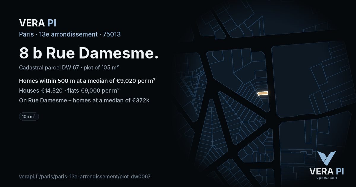 8 b Rue Damesme, 13e arrondissement at night – the plot lit, the parcels around coloured by the prices near them