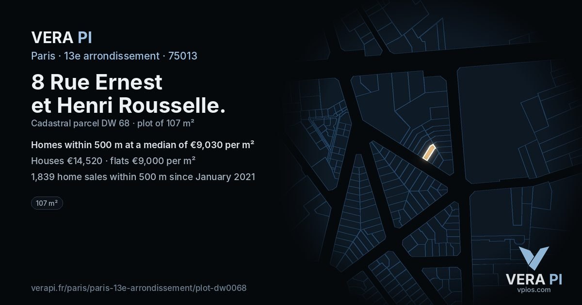 8 Rue Ernest et Henri Rousselle, 13e arrondissement at night – the plot lit, the parcels around coloured by the prices near them