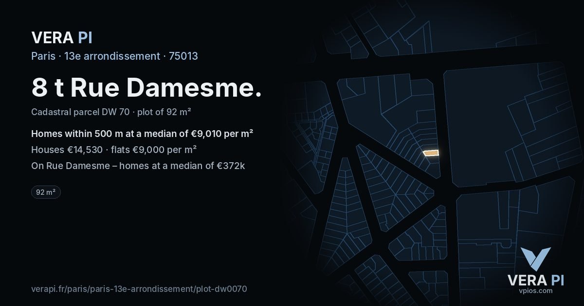 8 t Rue Damesme, 13e arrondissement at night – the plot lit, the parcels around coloured by the prices near them