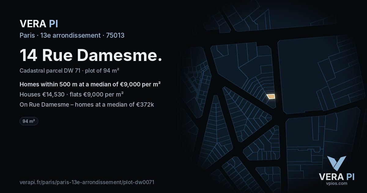 14 Rue Damesme, 13e arrondissement at night – the plot lit, the parcels around coloured by the prices near them