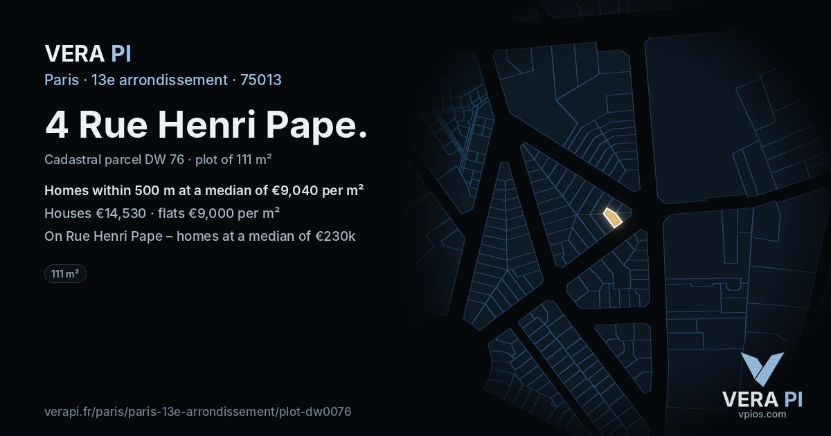 4 Rue Henri Pape, 13e arrondissement at night – the plot lit, the parcels around coloured by the prices near them