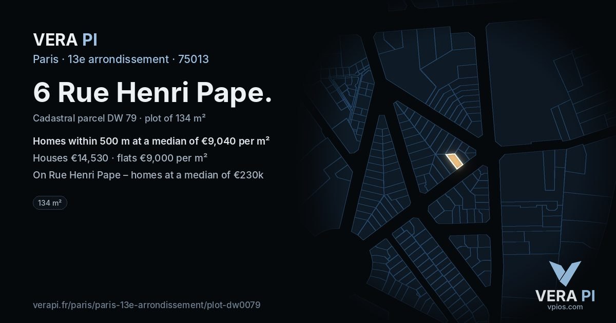 6 Rue Henri Pape, 13e arrondissement at night – the plot lit, the parcels around coloured by the prices near them