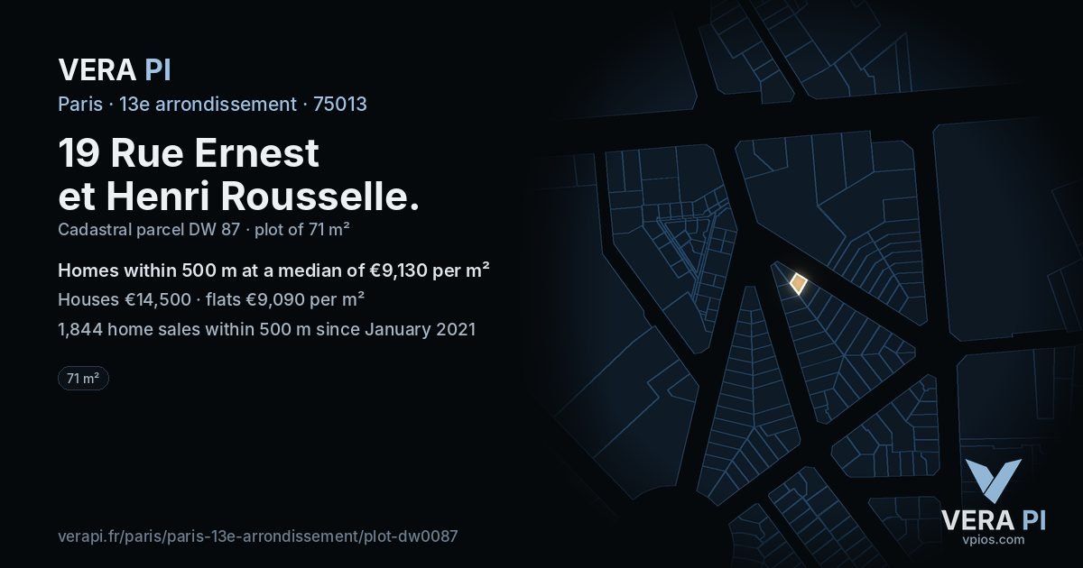 19 Rue Ernest et Henri Rousselle, 13e arrondissement at night – the plot lit, the parcels around coloured by the prices near them