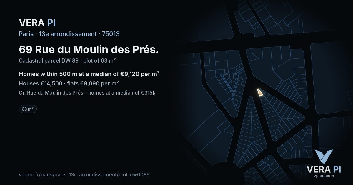 69 Rue du Moulin des Prés, 13e arrondissement at night – the plot lit, the parcels around coloured by the prices near them