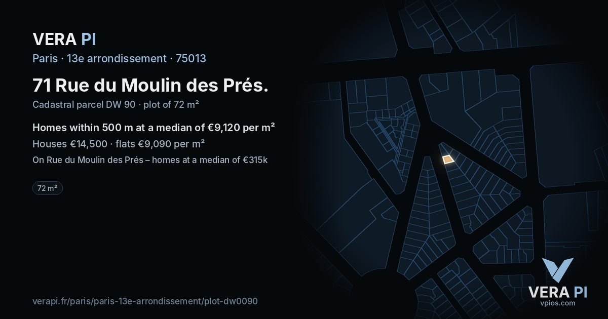 71 Rue du Moulin des Prés, 13e arrondissement at night – the plot lit, the parcels around coloured by the prices near them
