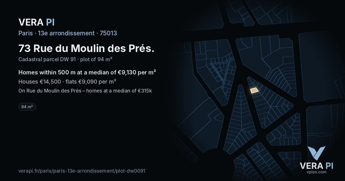 73 Rue du Moulin des Prés, 13e arrondissement at night – the plot lit, the parcels around coloured by the prices near them